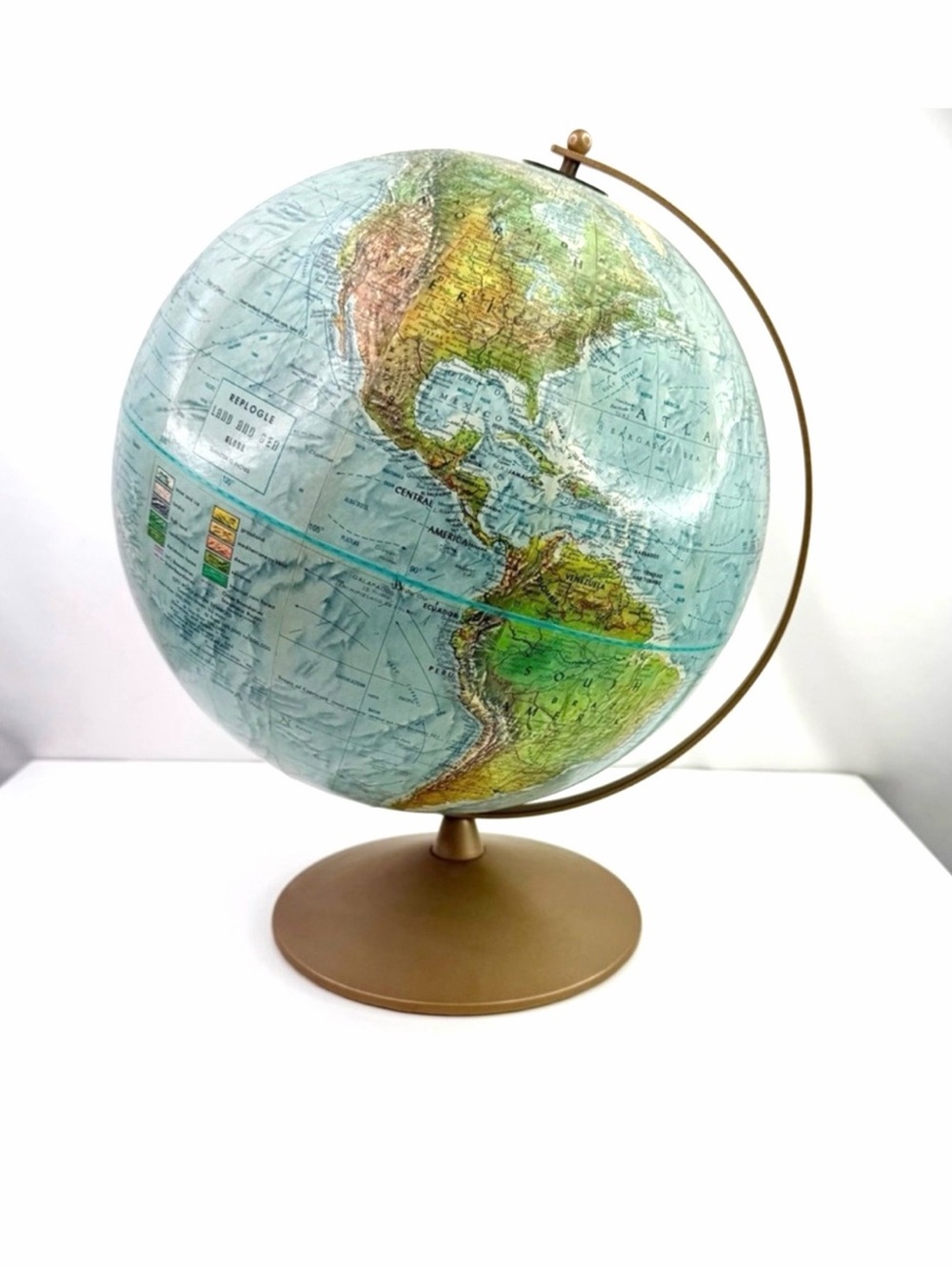 Replogle Vintage Land and Sea 12” Diameter 70s World Globe Metal Stand